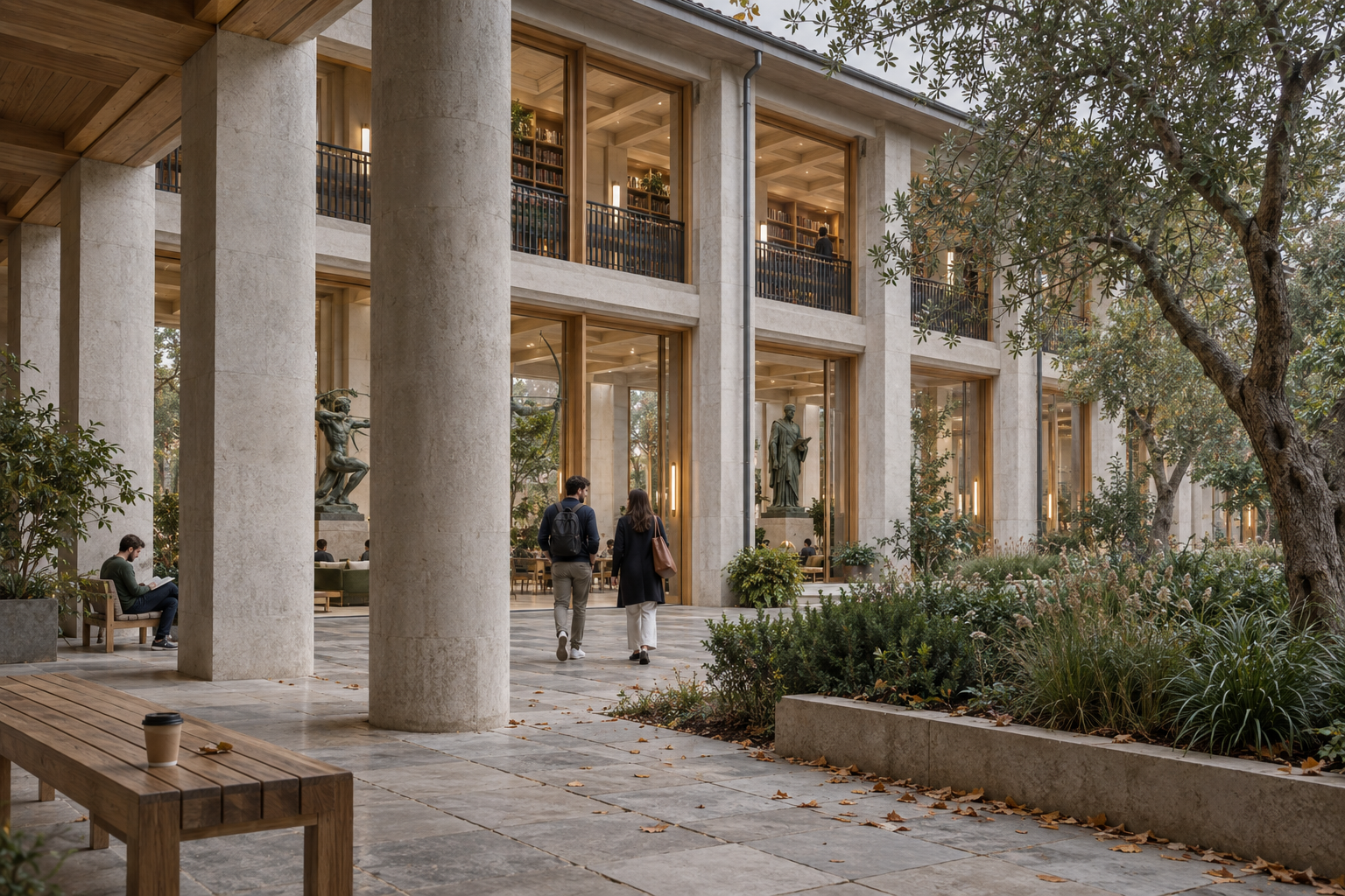 Concept render of a planted courtyard beside the centre with sheltered seating and people walking together