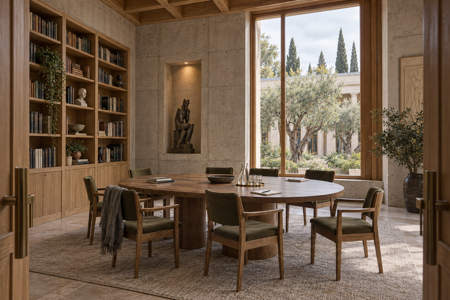 Concept render of a discussion room with a round wooden table, bookshelves and a garden view