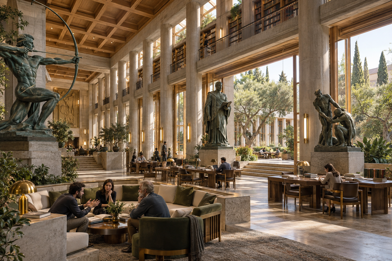 Concept render of a light filled hall with sculpture, library balconies, shared tables and lounge seating