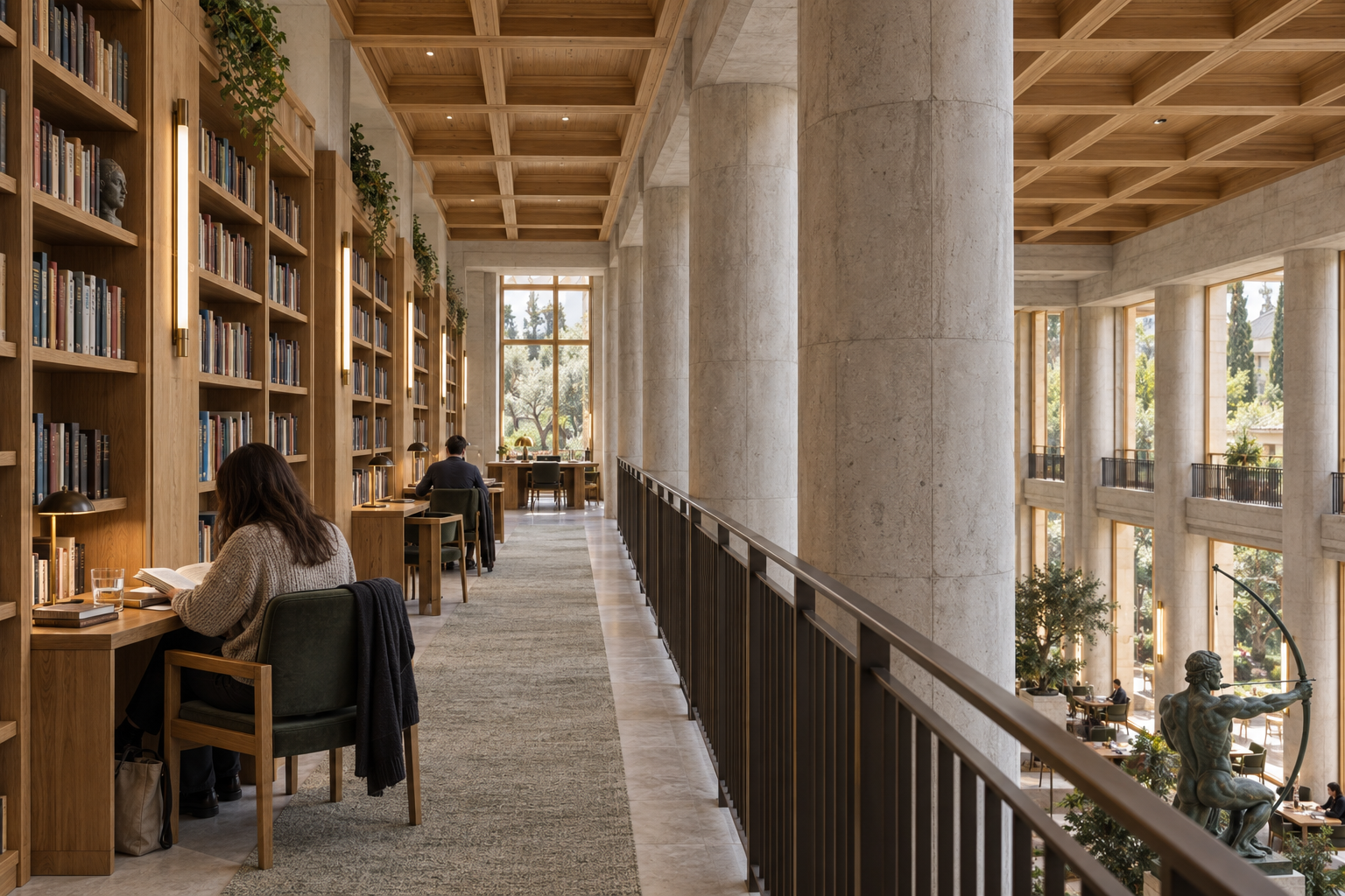 Concept render of a quiet library balcony with individual reading desks overlooking the gathering hall
