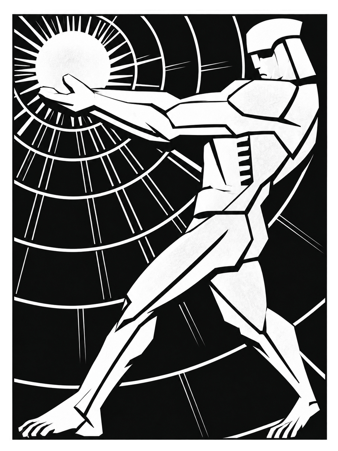 Black and white Art Deco figure reaching towards a radiant sun